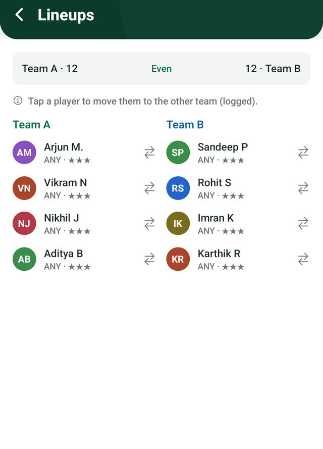 The Lineups screen showing Team A and Team B balanced evenly, with each player's skill rating.